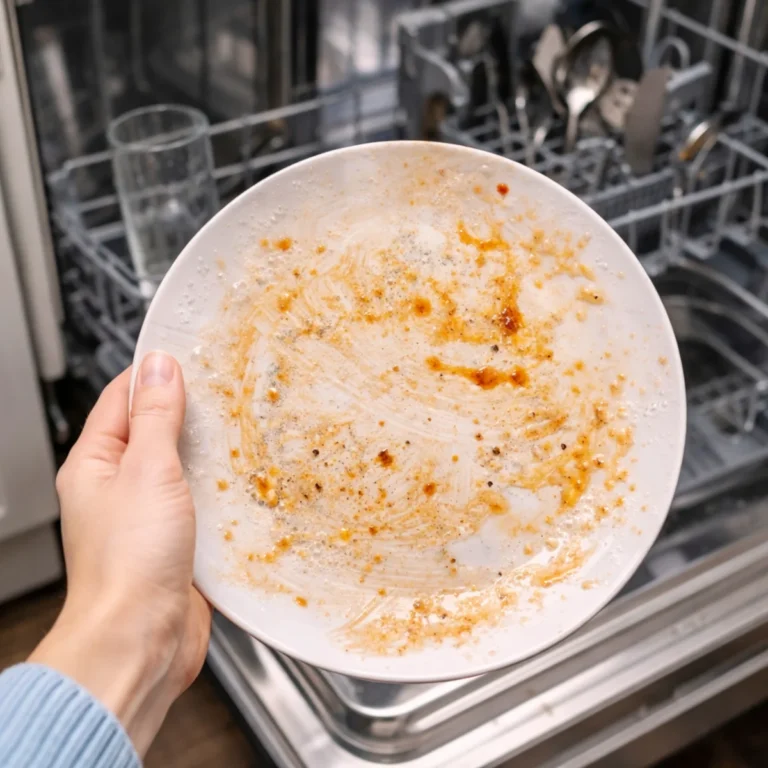 Niedomyty talerz z tłustym nalotem przed zmywarką – objaw, że zmywarka nie domywa