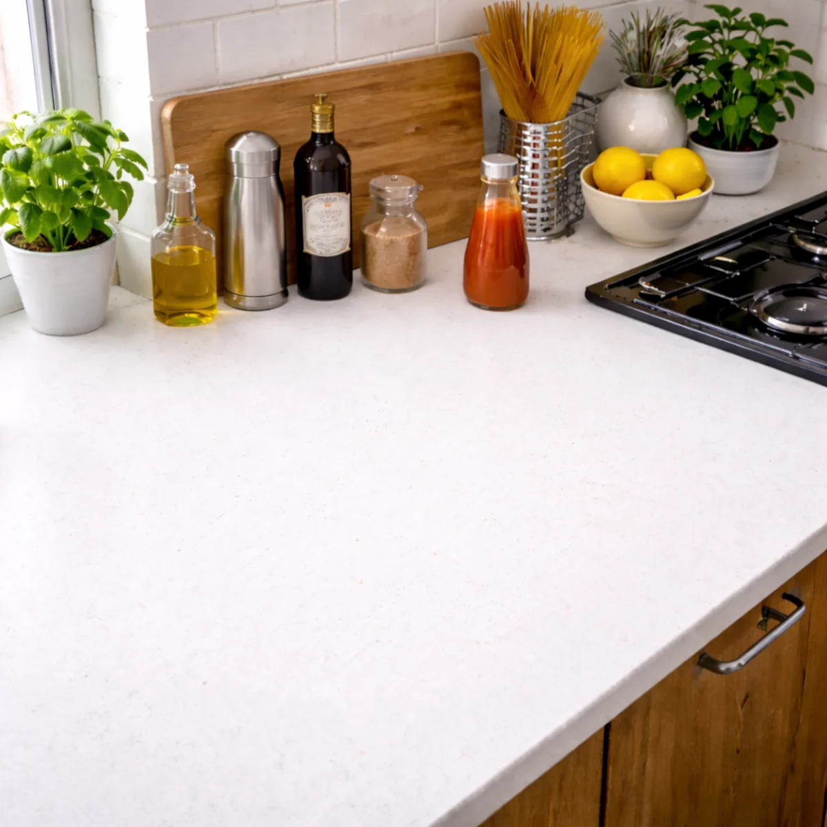 Schludny kuchenny blat z przyprawami i deską ustawioną z tyłu przy ścianie