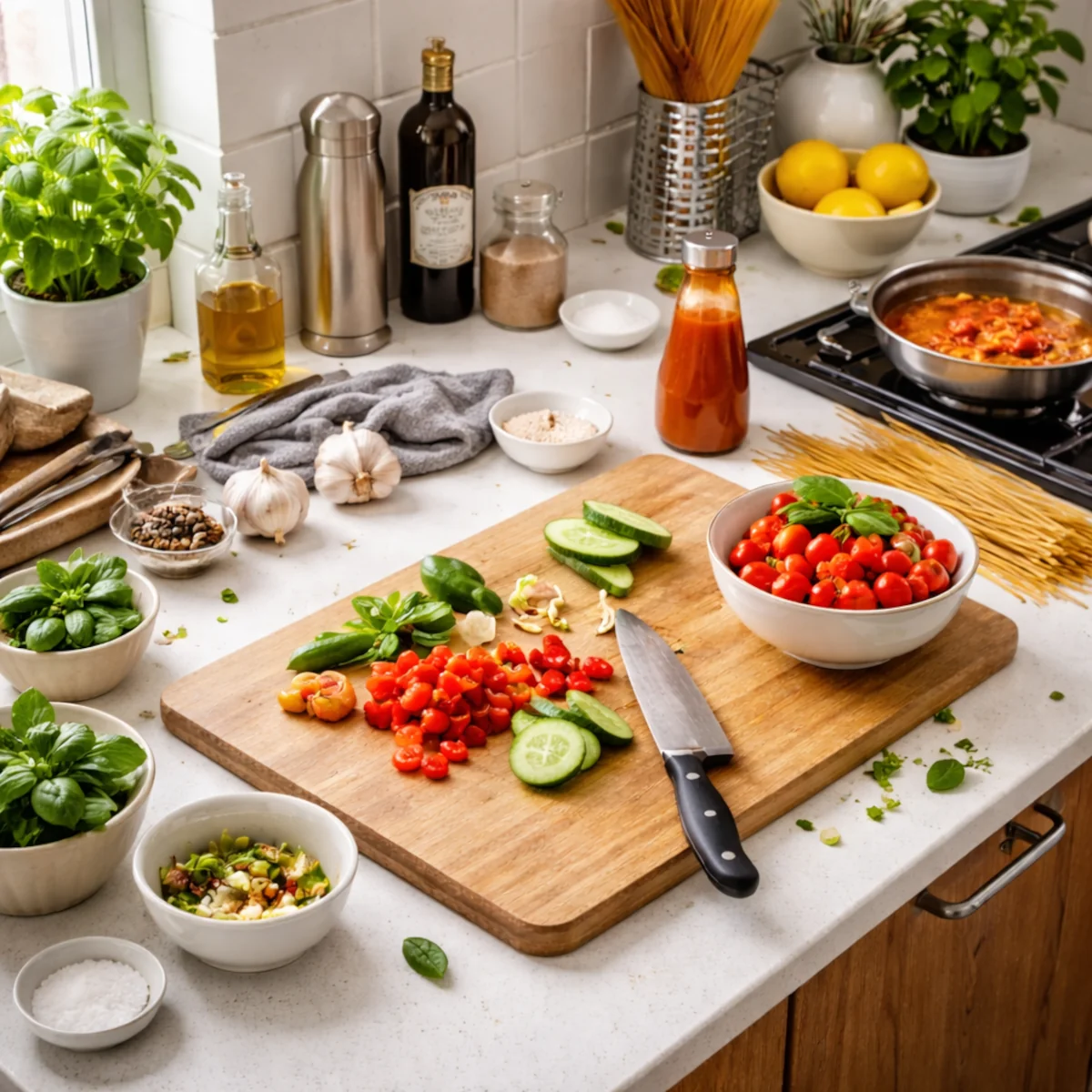 Zajęty blat kuchenny podczas przygotowań, deska do krojenia, składniki i rozłożone przybory