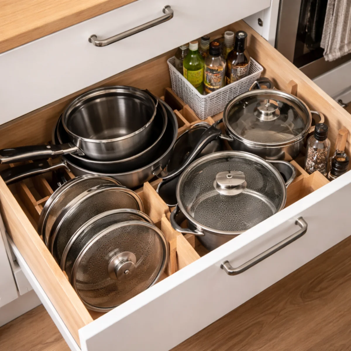Uporządkowana szuflada z garnkami i pokrywkami – przechowywanie w małej kuchni z przegrodami i organizerami