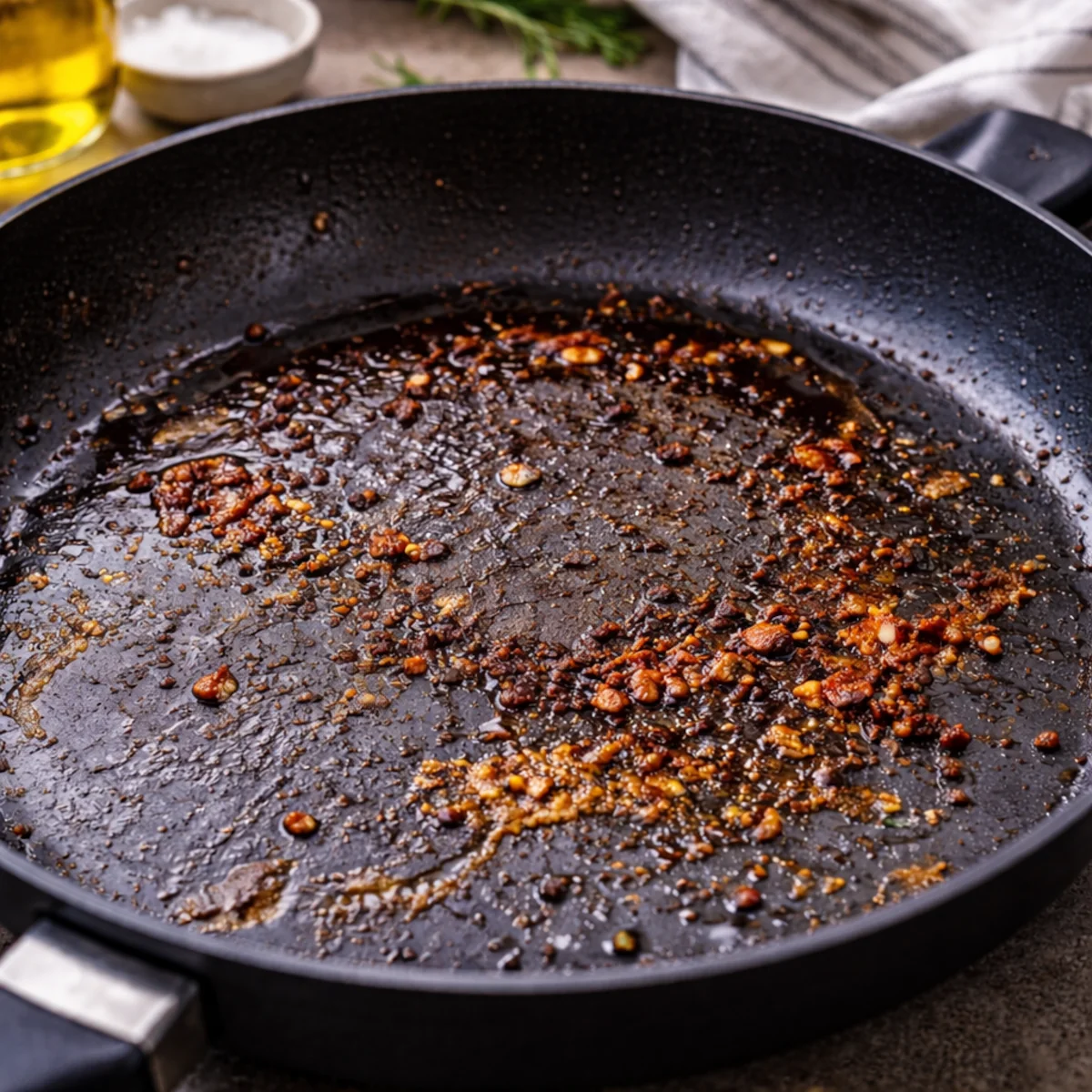 Przypalona powłoka patelni z nalotem po tłuszczu – częsta przyczyna przywierania