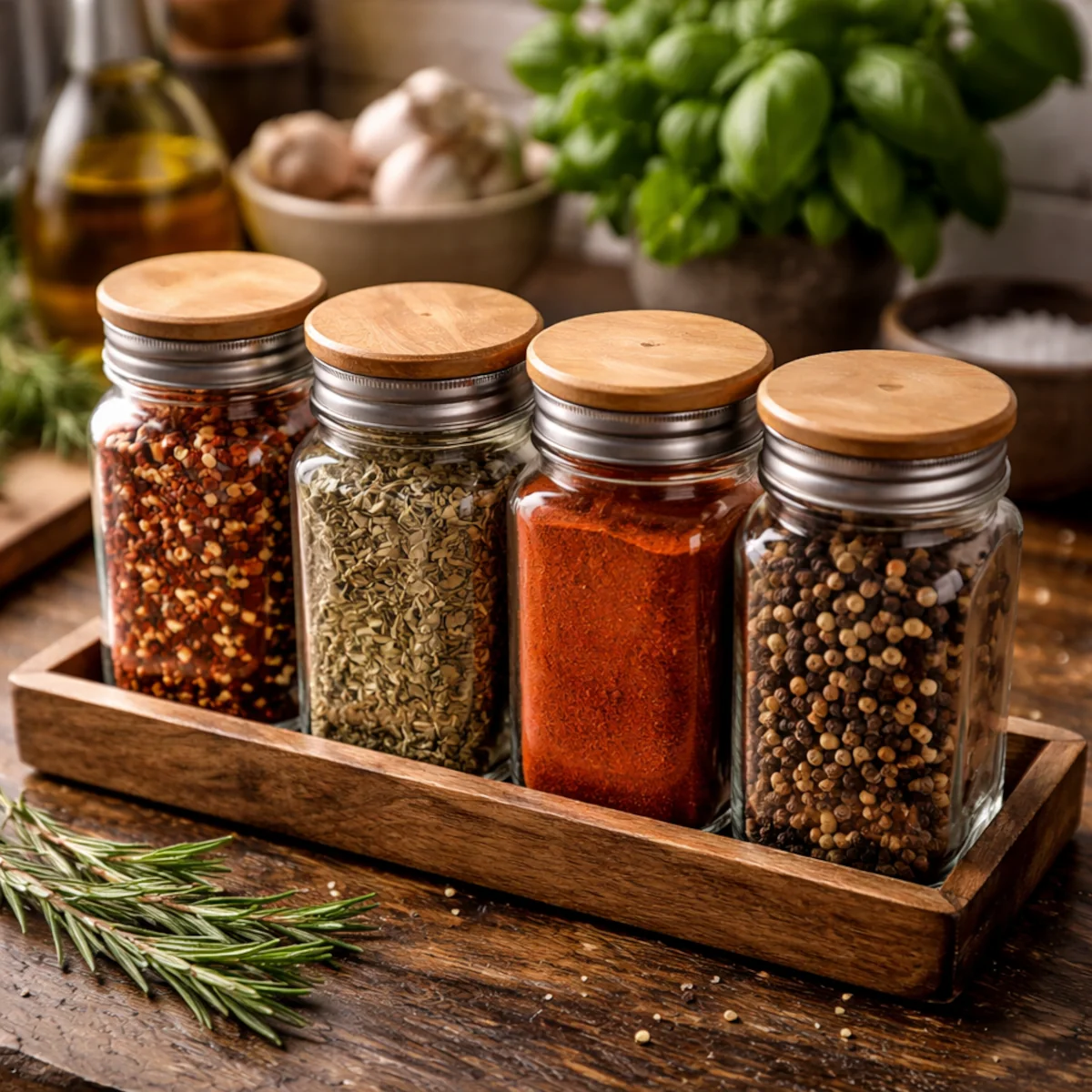 Dozowniki z przyprawami i suszonymi ziołami na kuchennym blacie