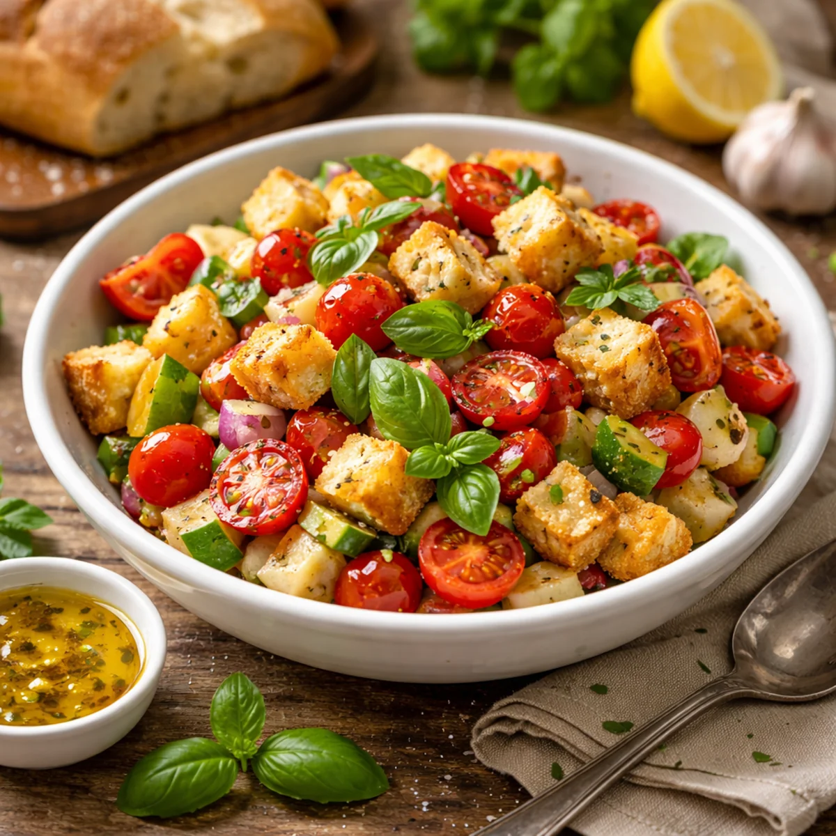 Sałatka panzanella z grzankami z czerstwego pieczywa, pomidorami i bazylią w misce