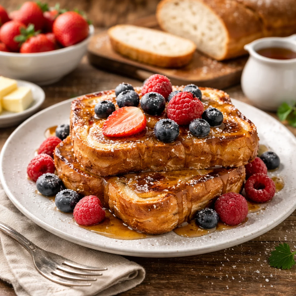 Tosty francuskie z czerstwego pieczywa z owocami i syropem na jasnym talerzu