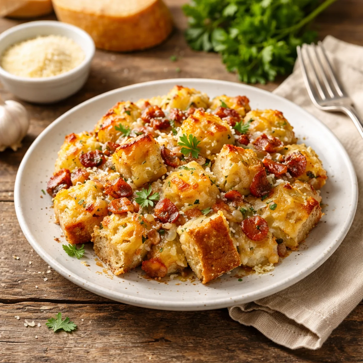 Zapiekanka chlebowa z resztek pieczywa z serem i ziołami na talerzu na drewnianym stole