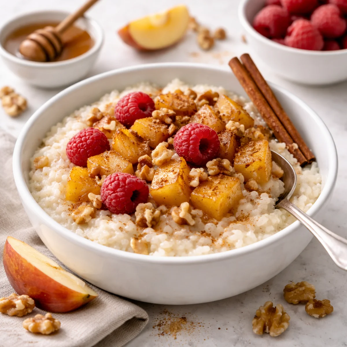 Ryż na słodko z jabłkiem, cynamonem i malinami w misce