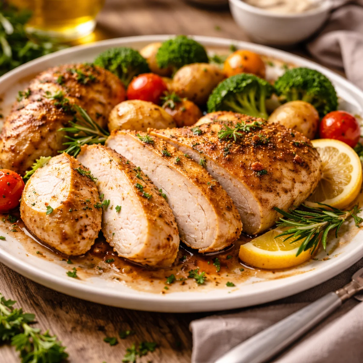 Soczysta pierś z kurczaka z piekarnika pokrojona na plastry, podana z warzywami i cytryną — gotowy efekt pieczenia