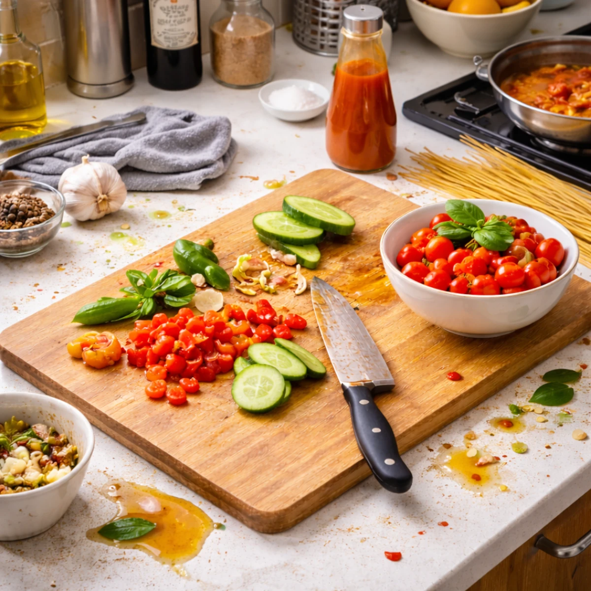 Zbliżenie na blat i deskę do krojenia, rozsypana mąka, resztki warzyw i rozlane składniki