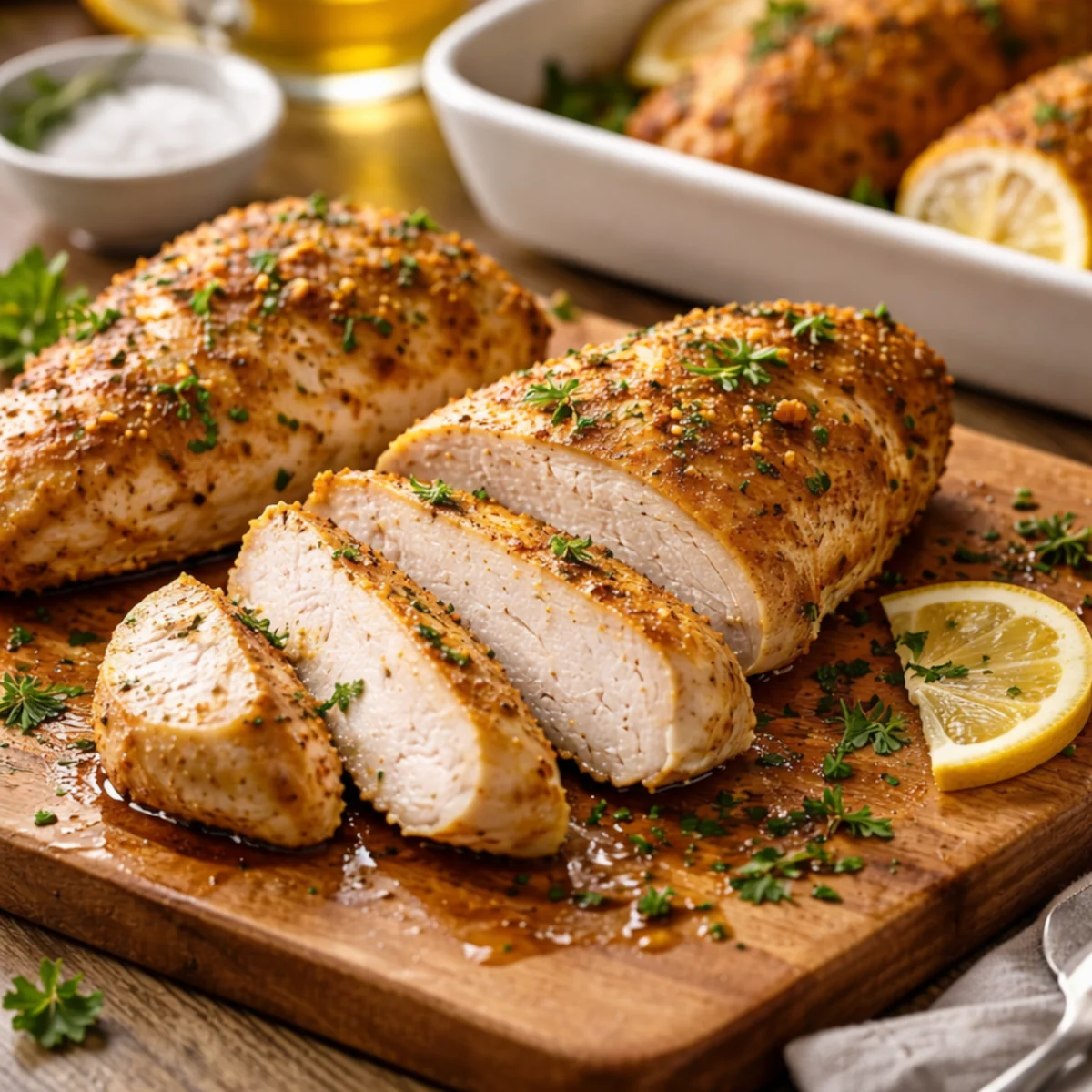 Soczysta pierś z kurczaka z piekarnika pokrojona na plastry na desce, cytryna i zioła — sposób na suchy kurczak z piekarnika