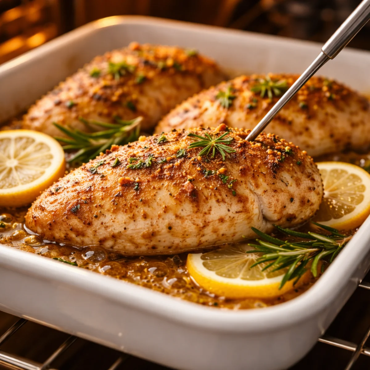 Kurczak w piekarniku podczas pieczenia, termometr w mięsie i cytryna w naczyniu — jak uniknąć suchego kurczaka