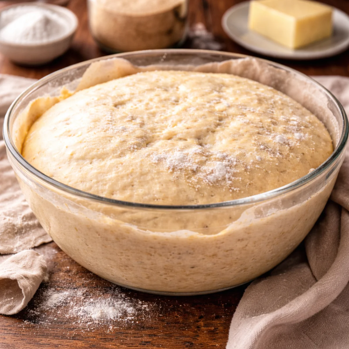 Surowe ciasto w szklanej misce na stole, gotowe do wyrastania, lekko oprószone mąką