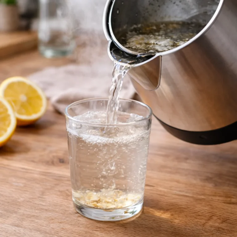 Nalewanie wody z czajnika do szklanki, widoczny kamień na dnie