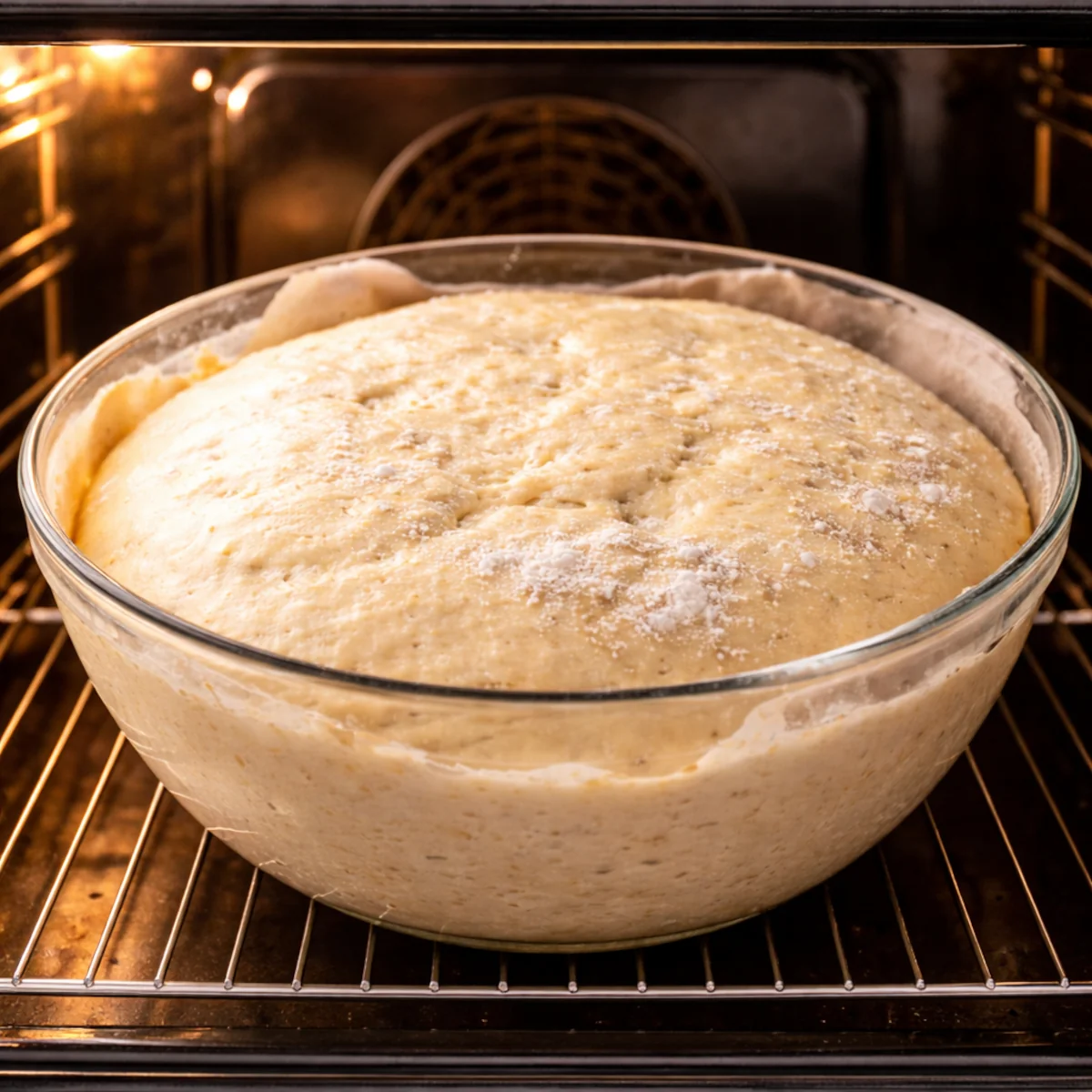 Wyrastające surowe ciasto drożdżowe w szklanej misce w wyłączonym piekarniku