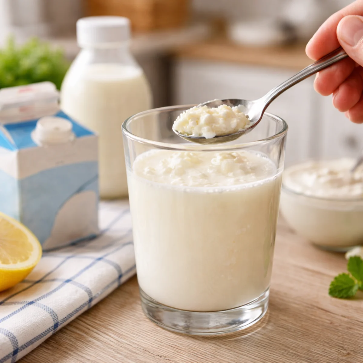 Zepsute mleko w szklance z grudkami na łyżce – objawy psucia konsystencji