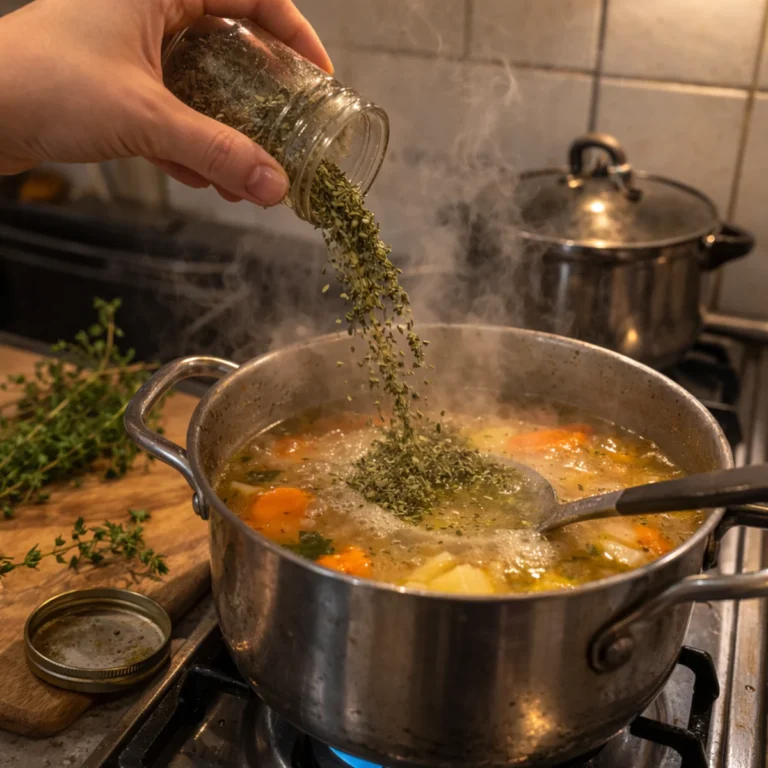 Dosypywanie ziół zamiast soli do gotującej się zupy na palniku