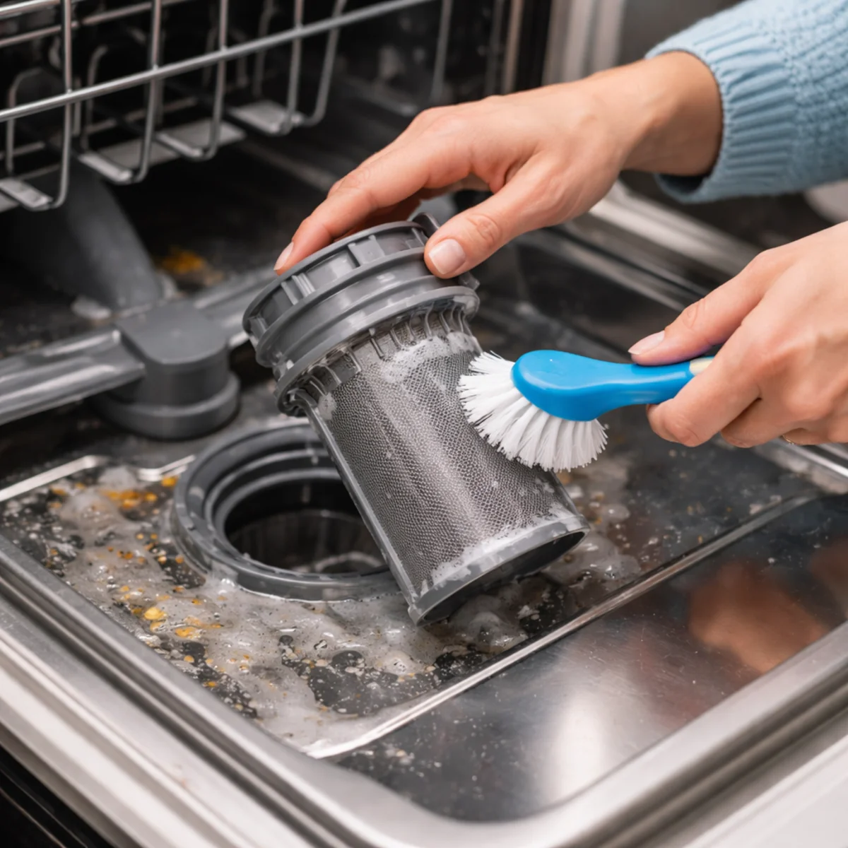 Czyszczenie filtra zmywarki szczoteczką w otwartej zmywarce – sposób, gdy zmywarka nie domywa