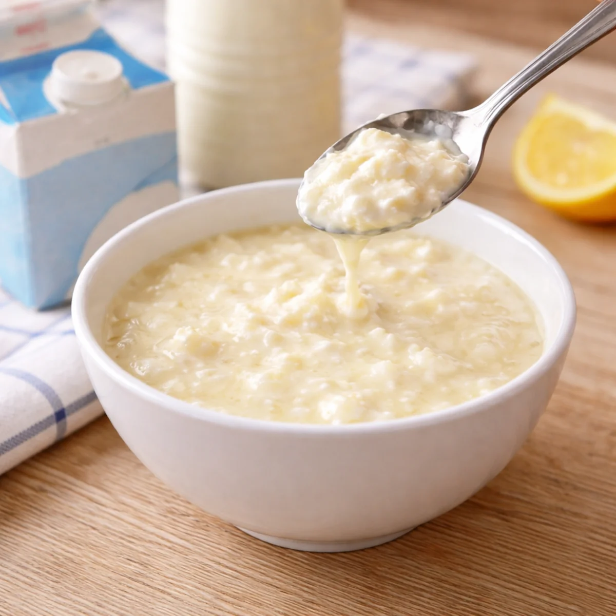 Zsiadłe mleko w miseczce z widocznymi kłaczkami i serwatką – jak sprawdzić świeżość mleka w domu