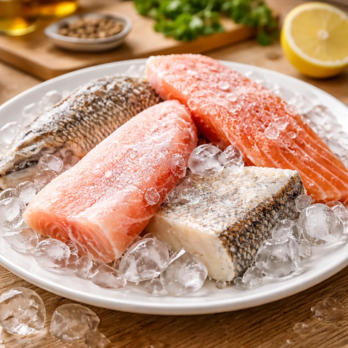 Mrożona ryba podczas rozmrażania na talerzu z lodem na kuchennym blacie