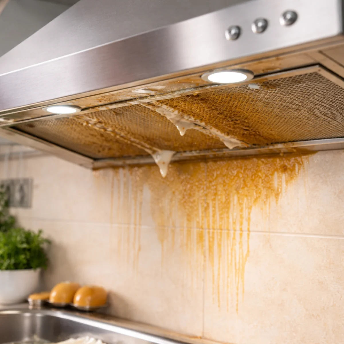 Brudny okap kuchenny z zaschniętym tłuszczem na filtrze i obudowie