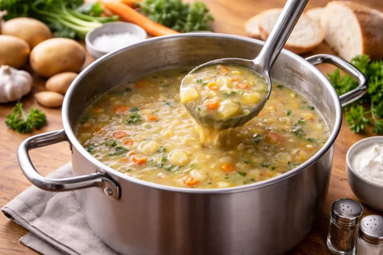 Gęsta warzywna zupa w stalowym garnku z chochlą uniesioną nad powierzchnią