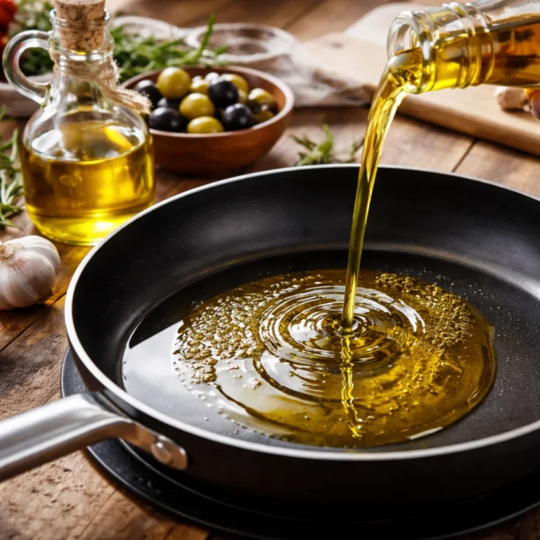 Oliwa z oliwek wlewana na rozgrzaną patelnię – przygotowanie do smażenia bez dymu
