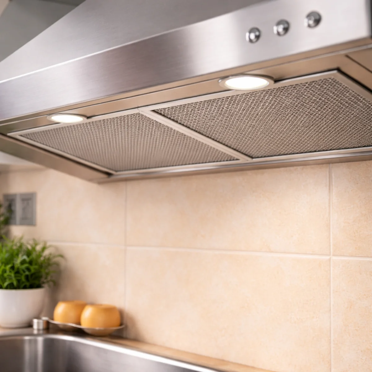 Czysty okap kuchenny po umyciu z metalowymi filtrami bez tłuszczu