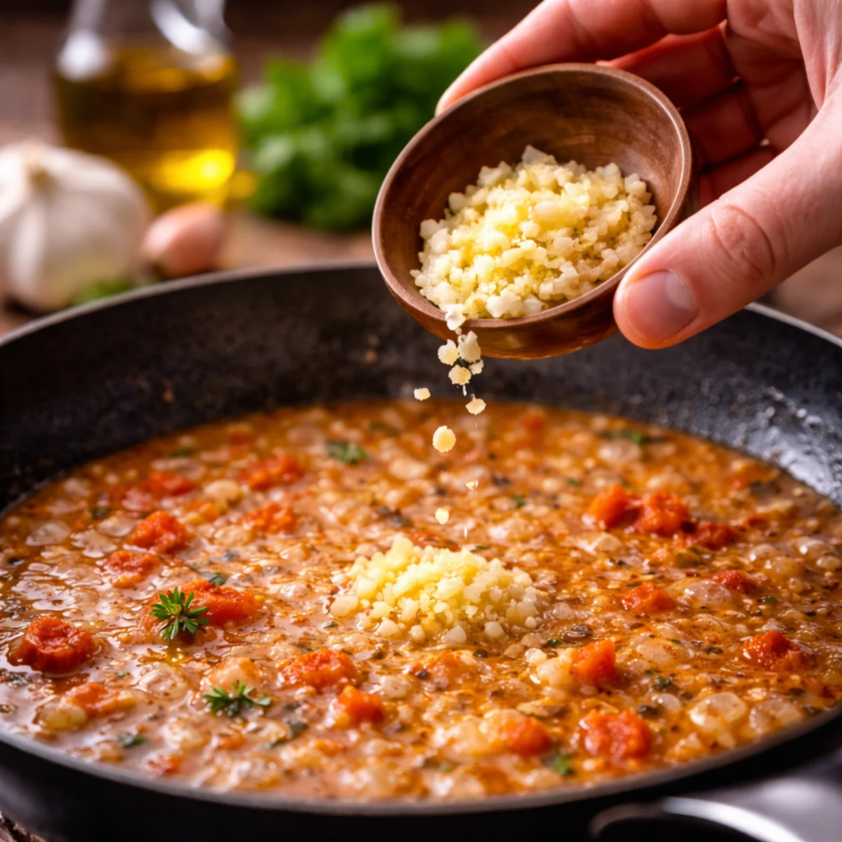 Dodawanie posiekanego czosnku do sosu na patelni