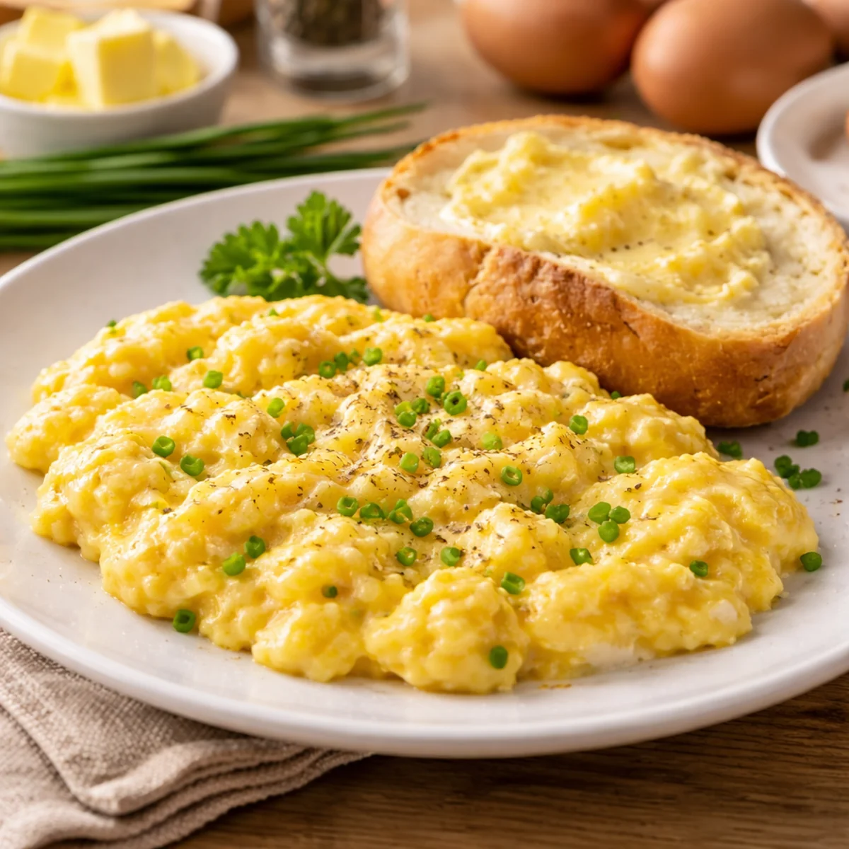 Jajecznica na talerzu z bułką i masłem