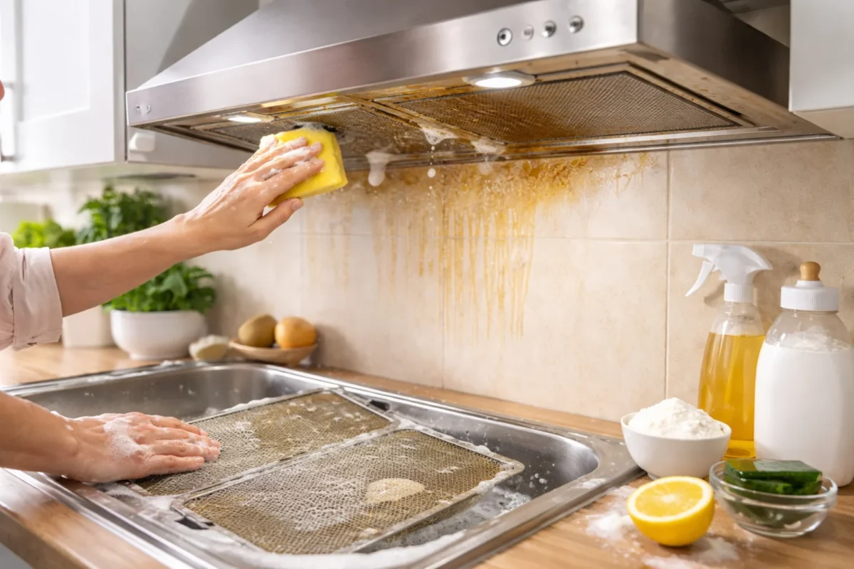 Czyszczenie tłustego okapu kuchennego i filtrów metalowych w zlewie