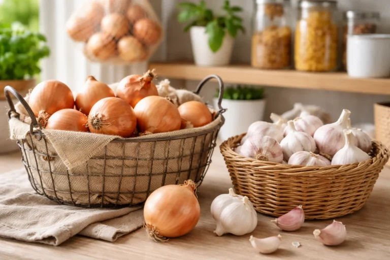 Cebula i czosnek przechowywane w przewiewnych koszykach na kuchennym blacie