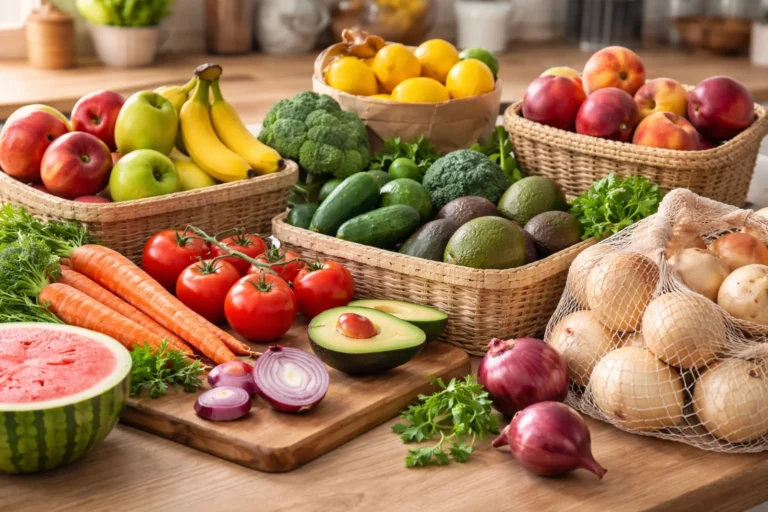 Świeże owoce i warzywa ułożone na kuchennym blacie, obok siebie jabłka, banany, pomidory, brokuły, cebula i ziemniaki