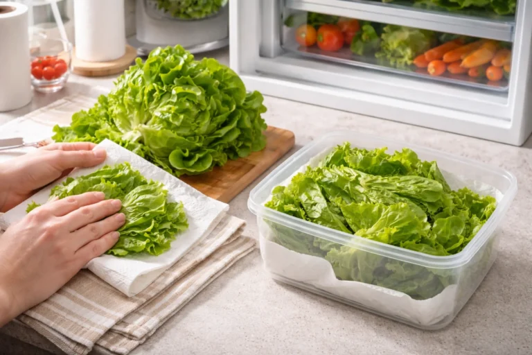 Osuszanie liści sałaty ręcznikiem papierowym przed włożeniem do pojemnika i schowaniem do lodówki