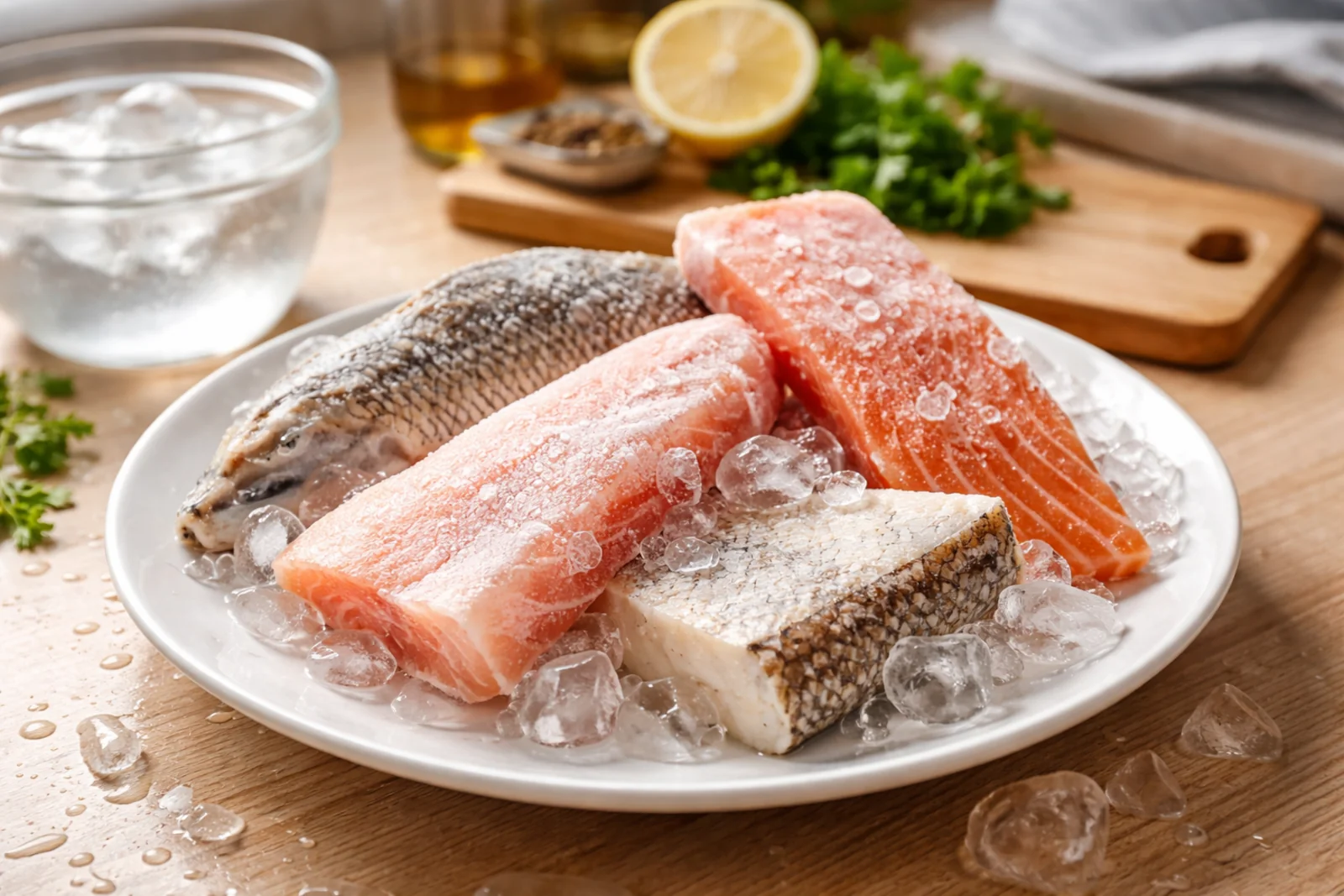 Rozmrażanie ryby z zamrażarki na talerzu w kuchni, obok miska z zimną wodą i cytryna