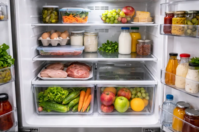 Uporządkowane wnętrze lodówki no frost z warzywami w szufladach, mięsem na dolnej półce i nabiałem na środkowej