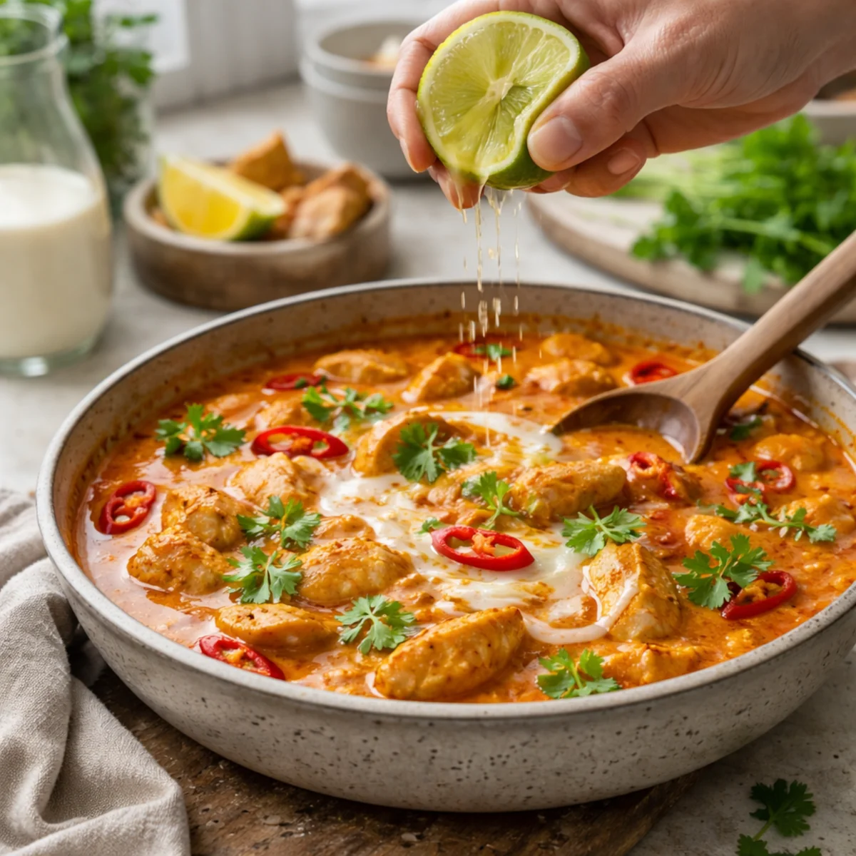 Kremowe curry z kawałkami kurczaka i chili, skrapiane limonką dla przełamania ostrego smaku