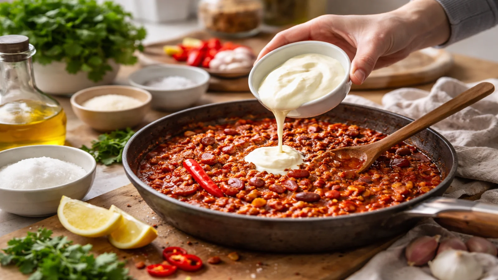 Domowa potrawa w głębokiej patelni, do której dodawana jest śmietana, aby złagodzić zbyt ostry smak