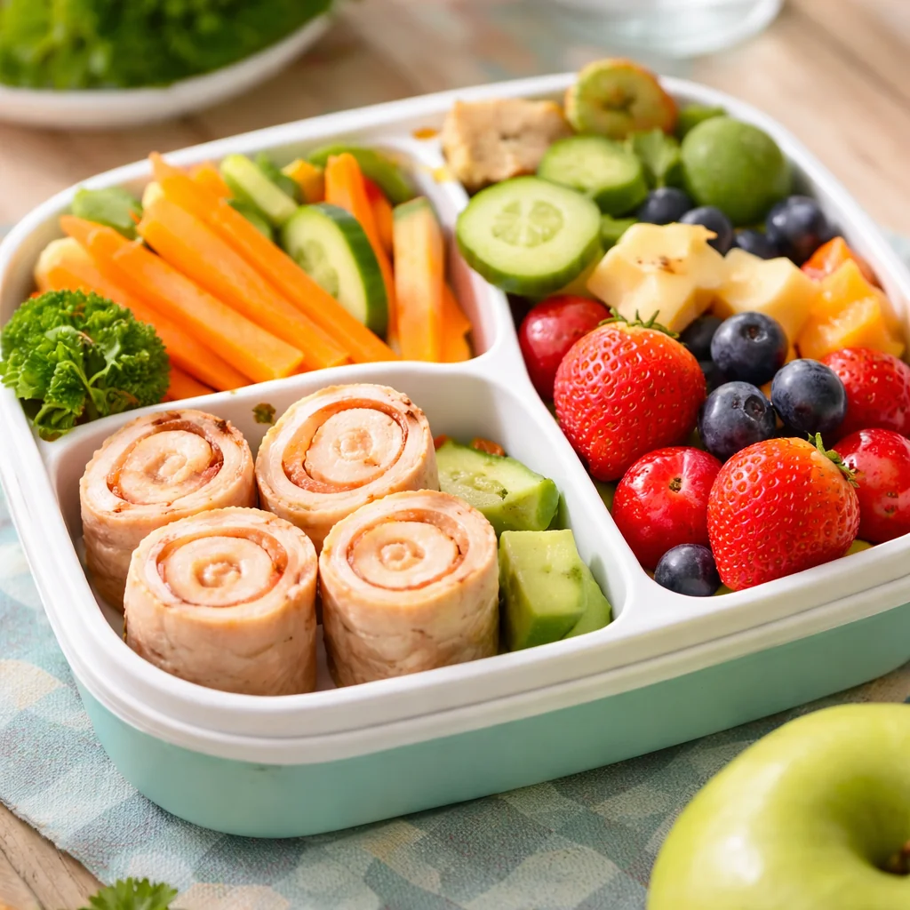 Lunchbox dla dziecka z warzywami, owocami, ogórkiem, marchewką oraz roladkami z tortilli