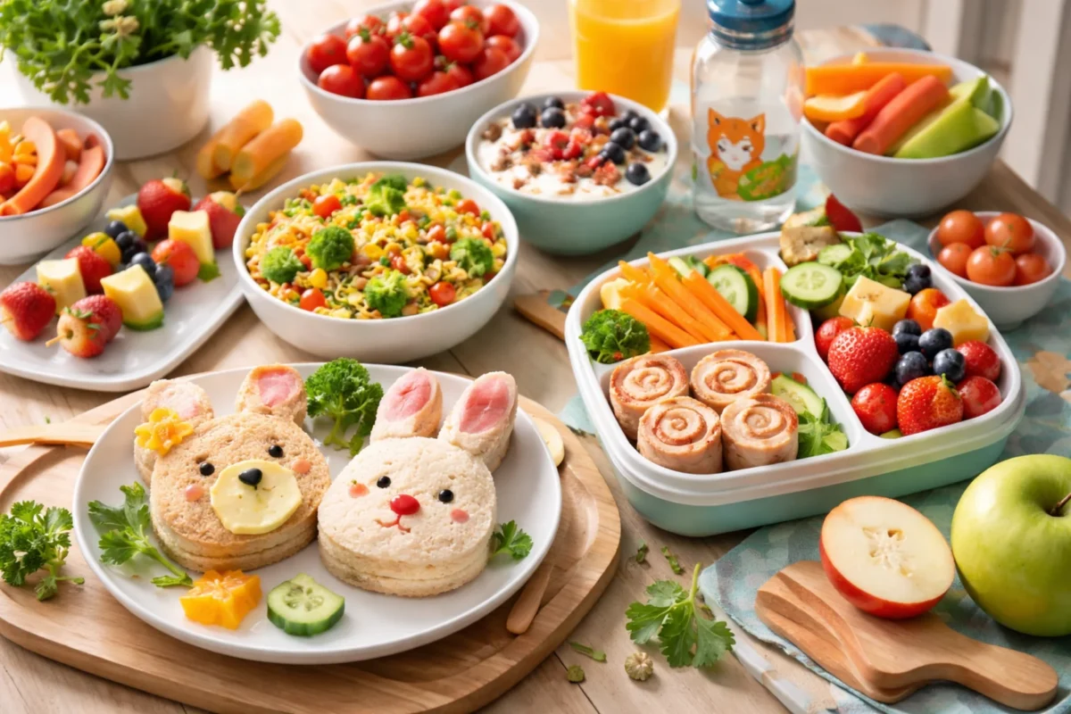 Kolorowe jedzenie dla dzieci na stole: lunchbox z warzywami i owocami, kanapki w kształcie zwierząt oraz zdrowe przekąski