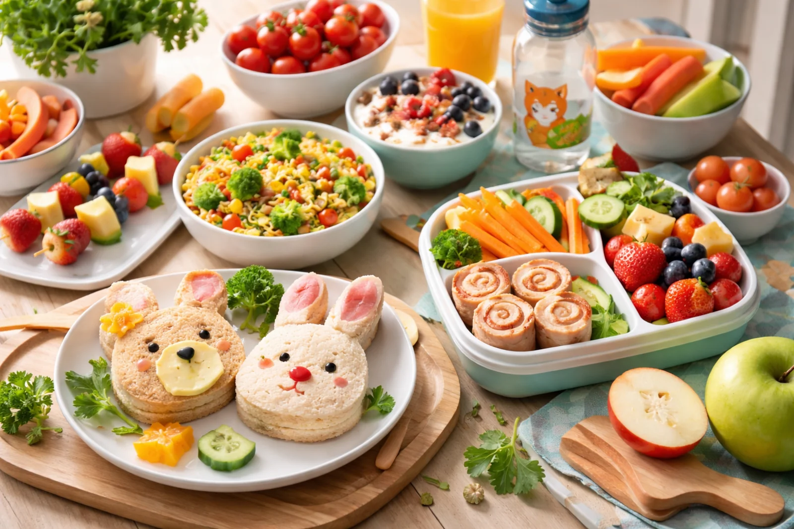 Kolorowe jedzenie dla dzieci na stole: lunchbox z warzywami i owocami, kanapki w kształcie zwierząt oraz zdrowe przekąski