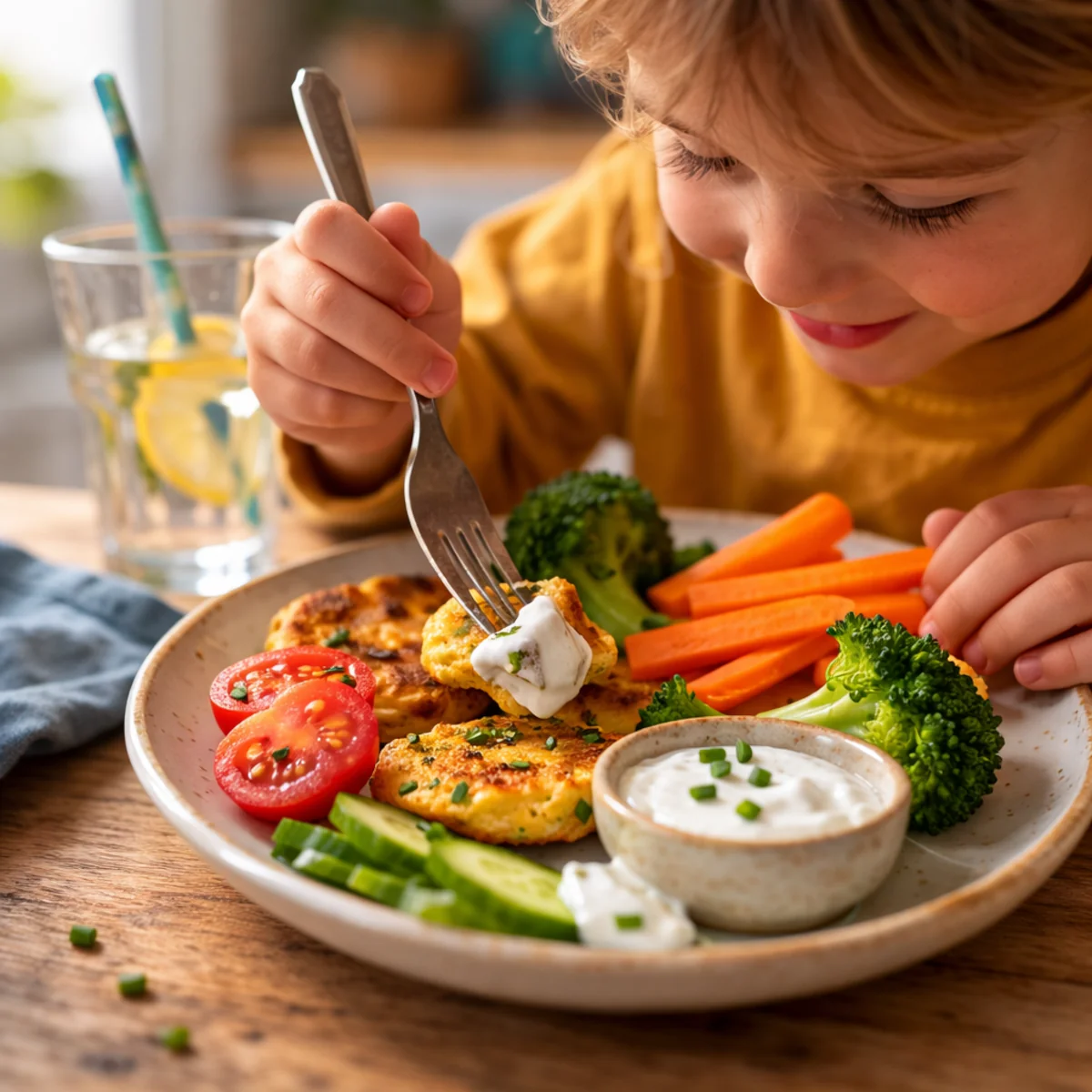 Zbliżenie na talerz dziecka z warzywnymi kotlecikami, dipem jogurtowym, pomidorkami i warzywami