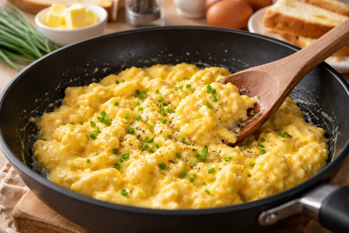 Kremowa jajecznica na czarnej patelni, delikatnie mieszana drewnianą łopatką i posypana szczypiorkiem