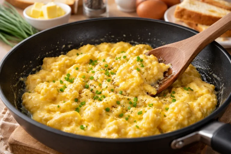 Kremowa jajecznica na czarnej patelni, delikatnie mieszana drewnianą łopatką i posypana szczypiorkiem