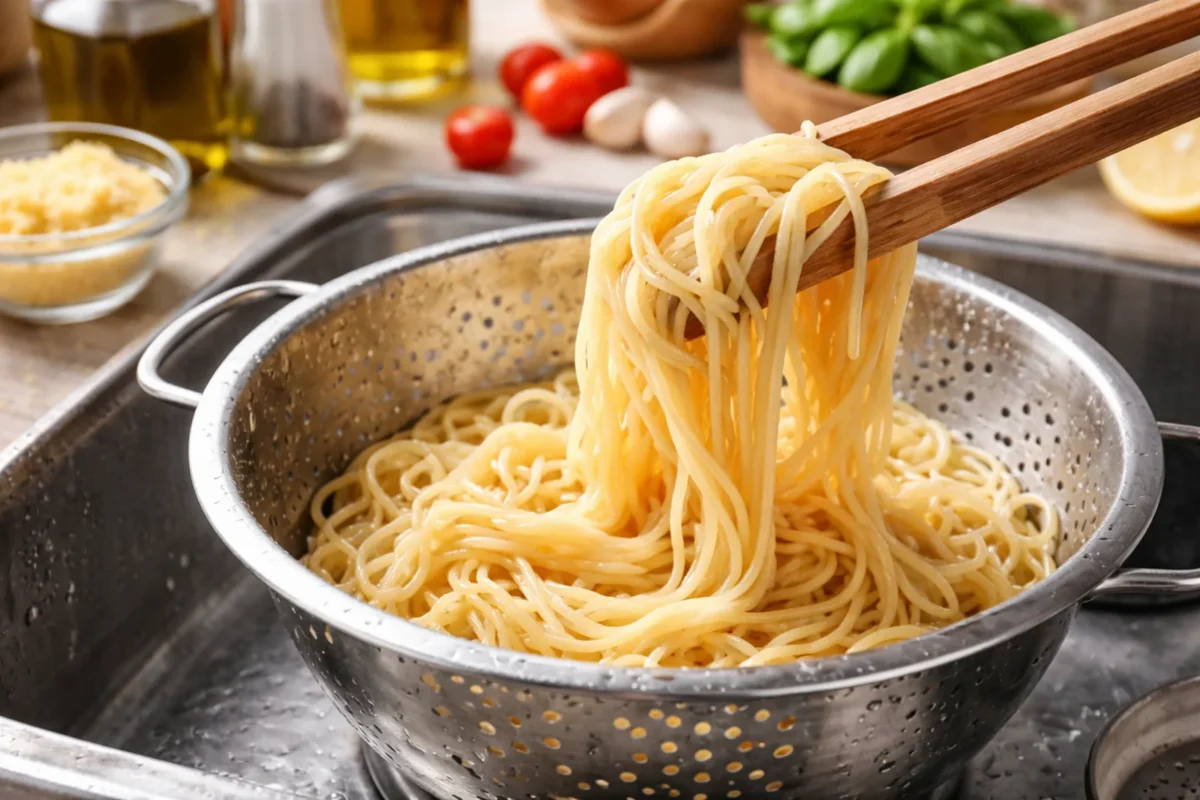 Sklejony makaron spaghetti wyciągany szczypcami z metalowego durszlaka nad kuchennym zlewem