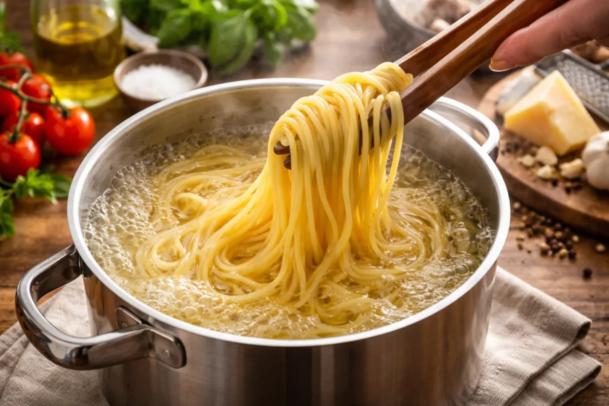 Makaron spaghetti gotujący się w garnku, unoszony szczypcami nad wrzącą wodą