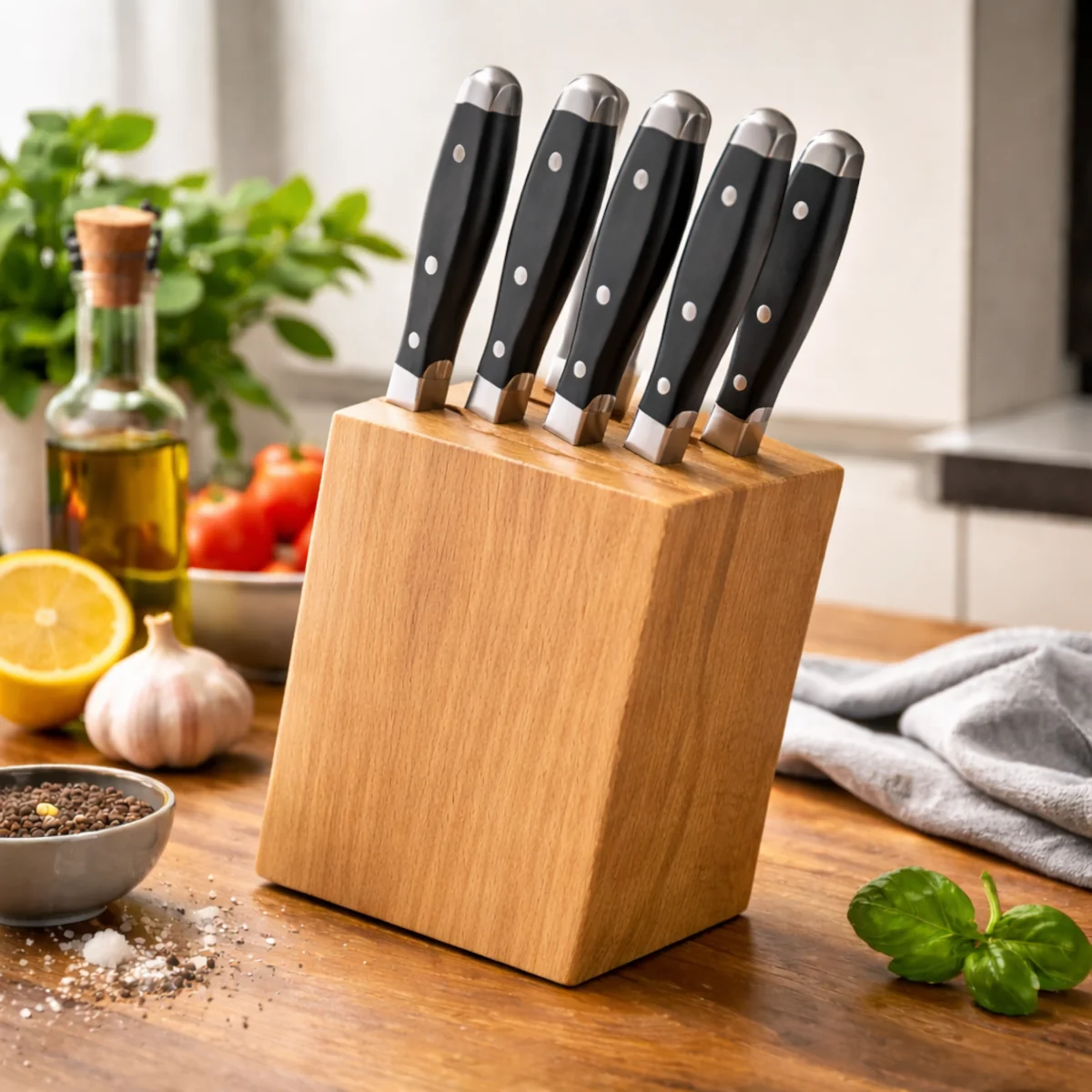 Noże kuchenne w prostym drewnianym stojaku na blacie kuchennym