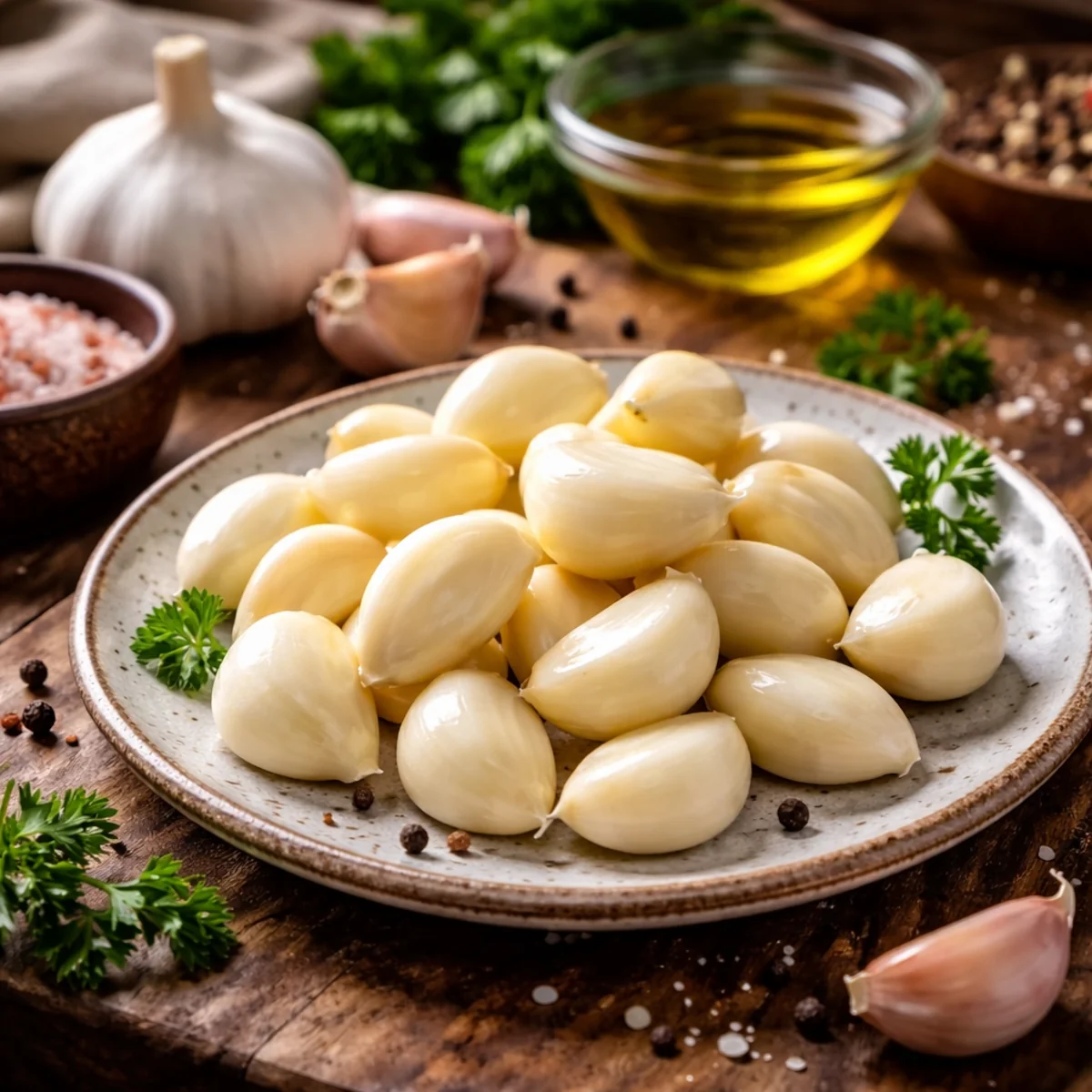 Obrane zdrowe ząbki czosnku ułożone na talerzu w kuchni