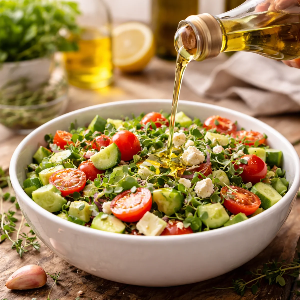 Olej dolewany do świeżej sałatki warzywnej w białej misce