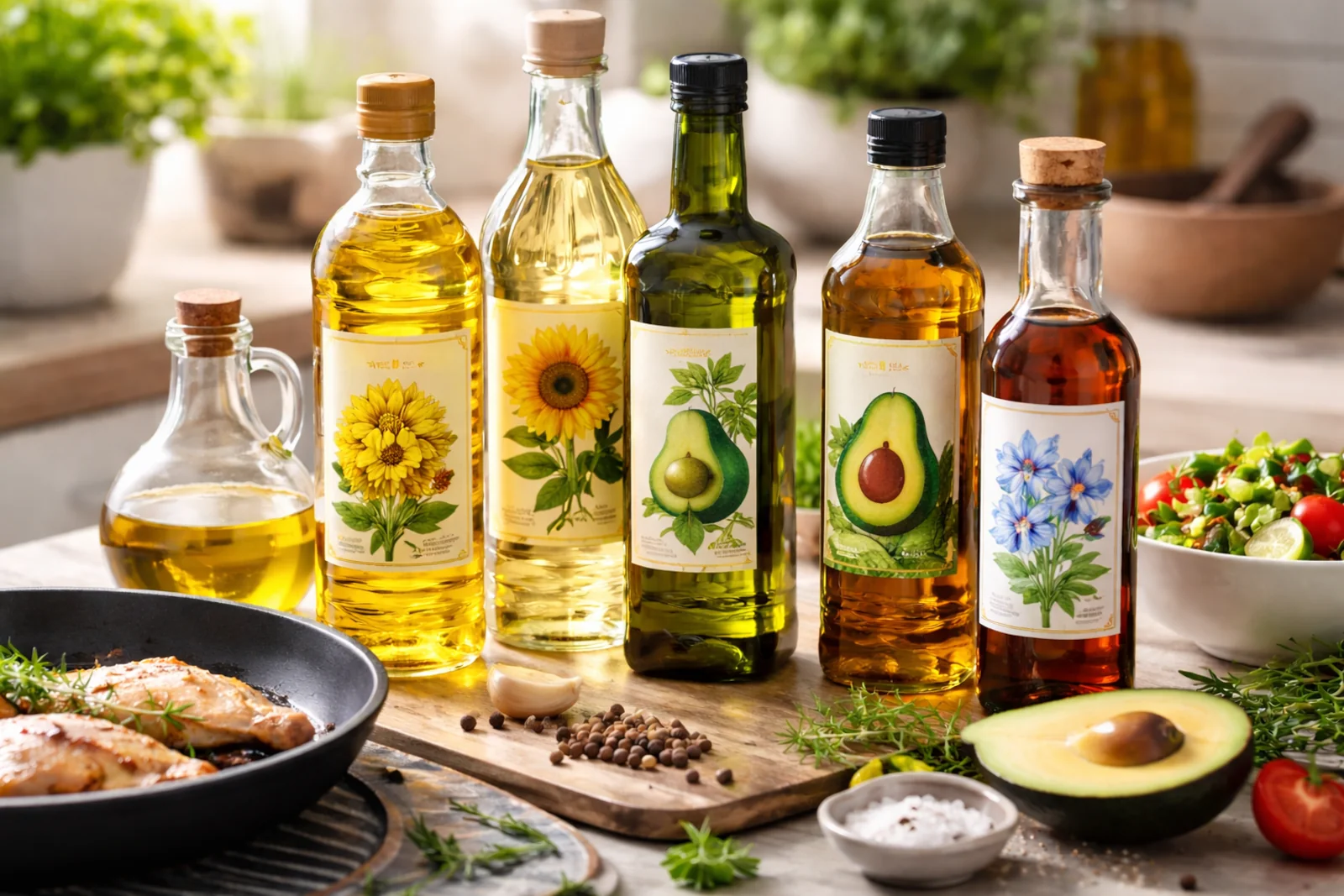 Różne oleje kuchenne stojące obok siebie na blacie w kuchni