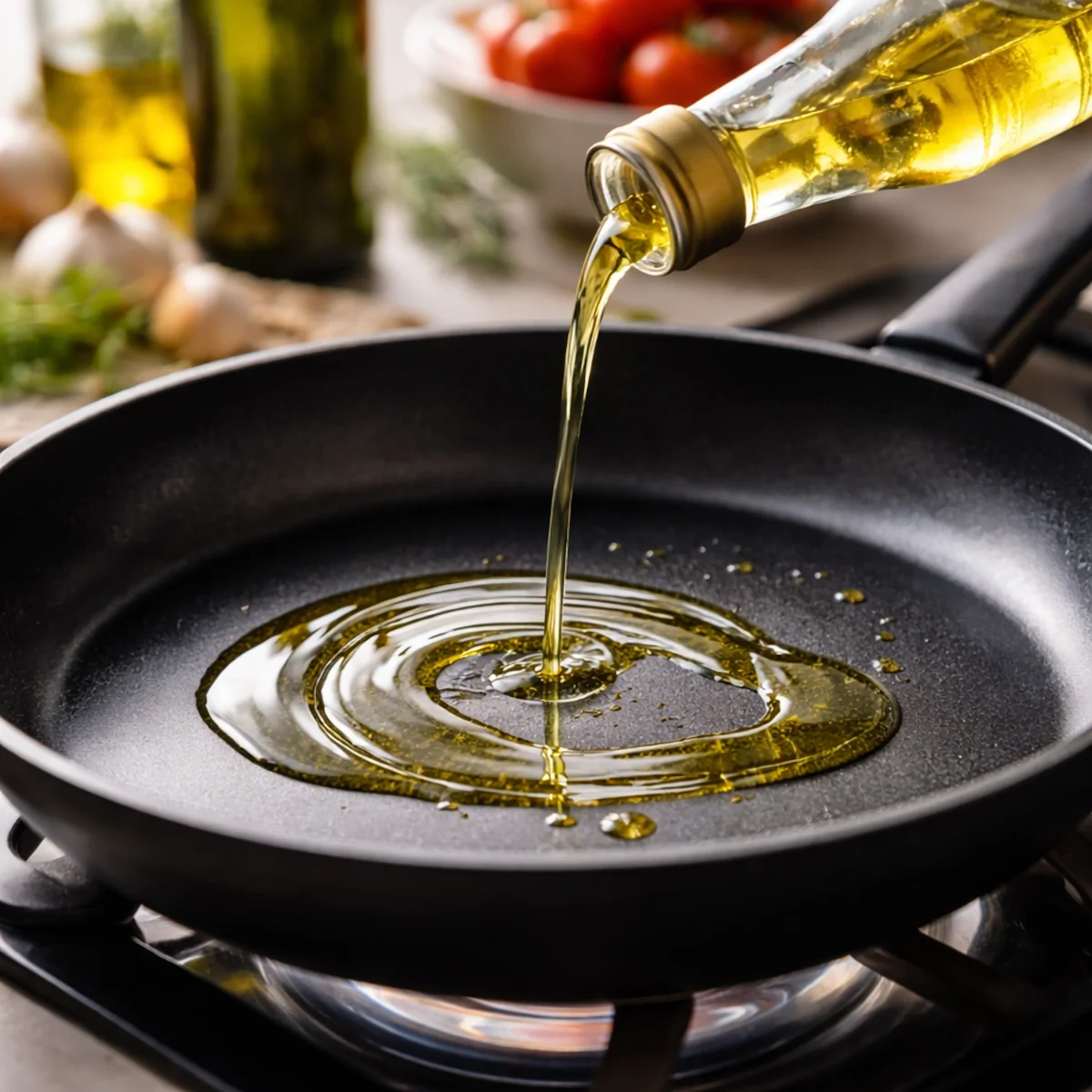 Olej wlewany na patelnię na kuchence przed smażeniem