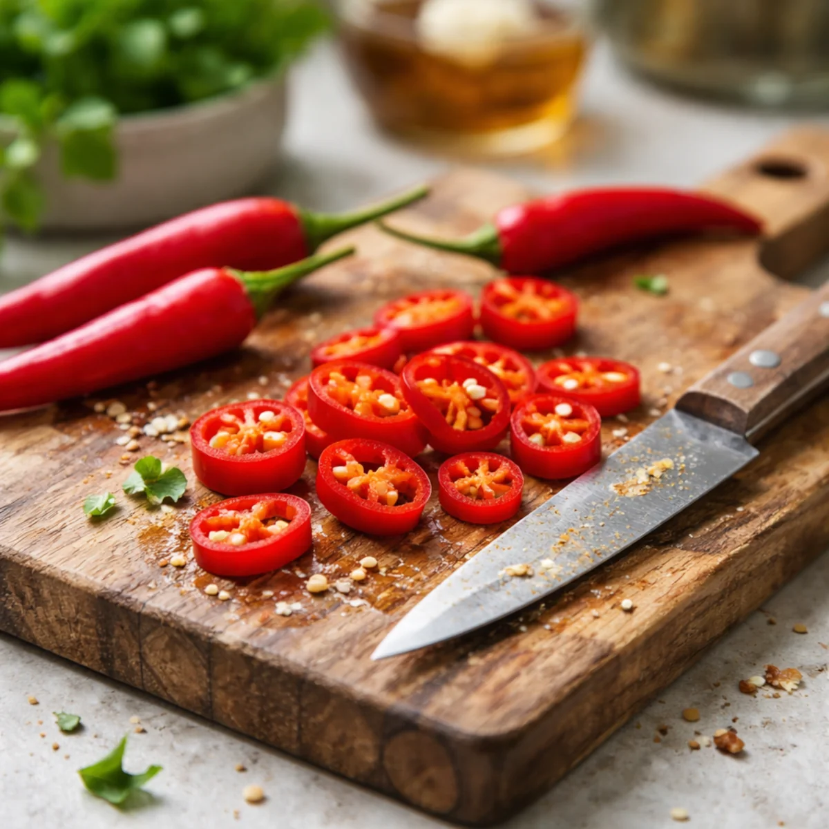 Pokrojona ostra papryka chili na drewnianej desce obok noża kuchennego